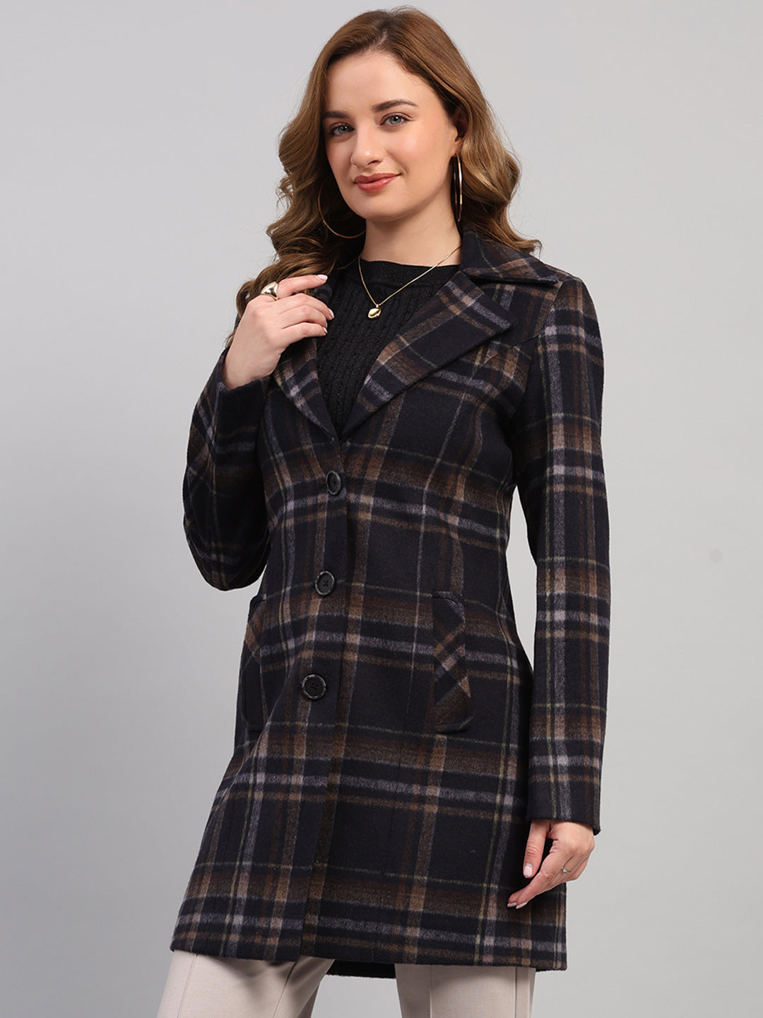 Women Navy Blue Check Collar Full Sleeve Coat