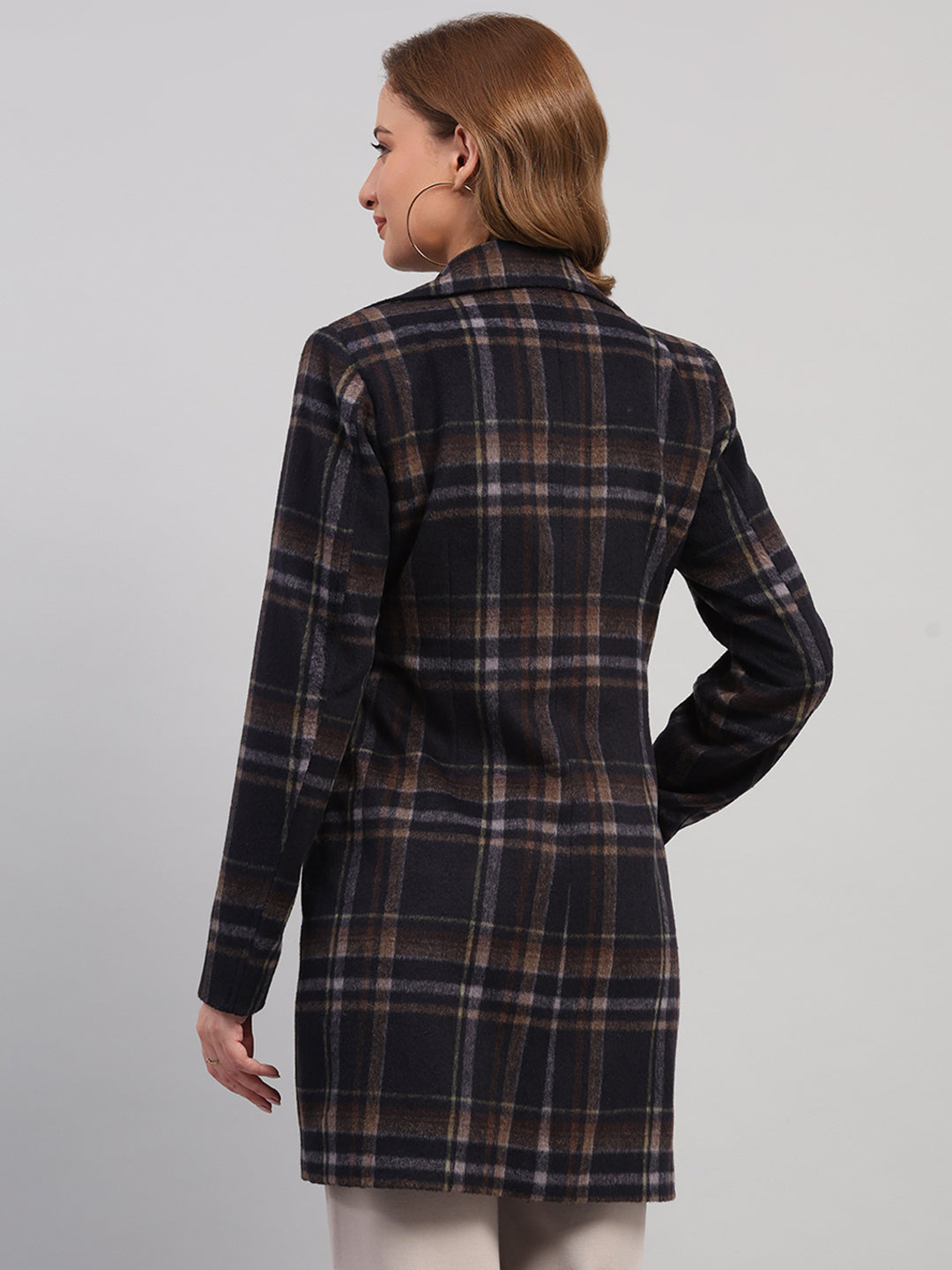 Women Navy Blue Check Collar Full Sleeve Coat