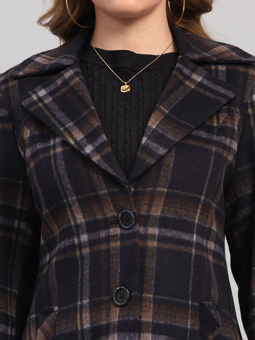 Women Navy Blue Check Collar Full Sleeve Coat