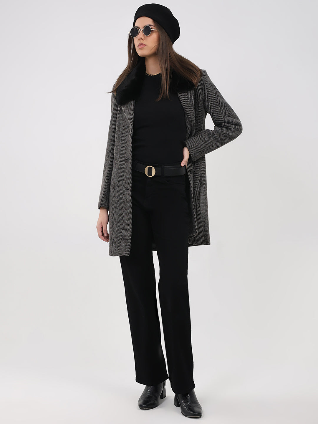 Women Grey Printed Collar Full Sleeve Coat