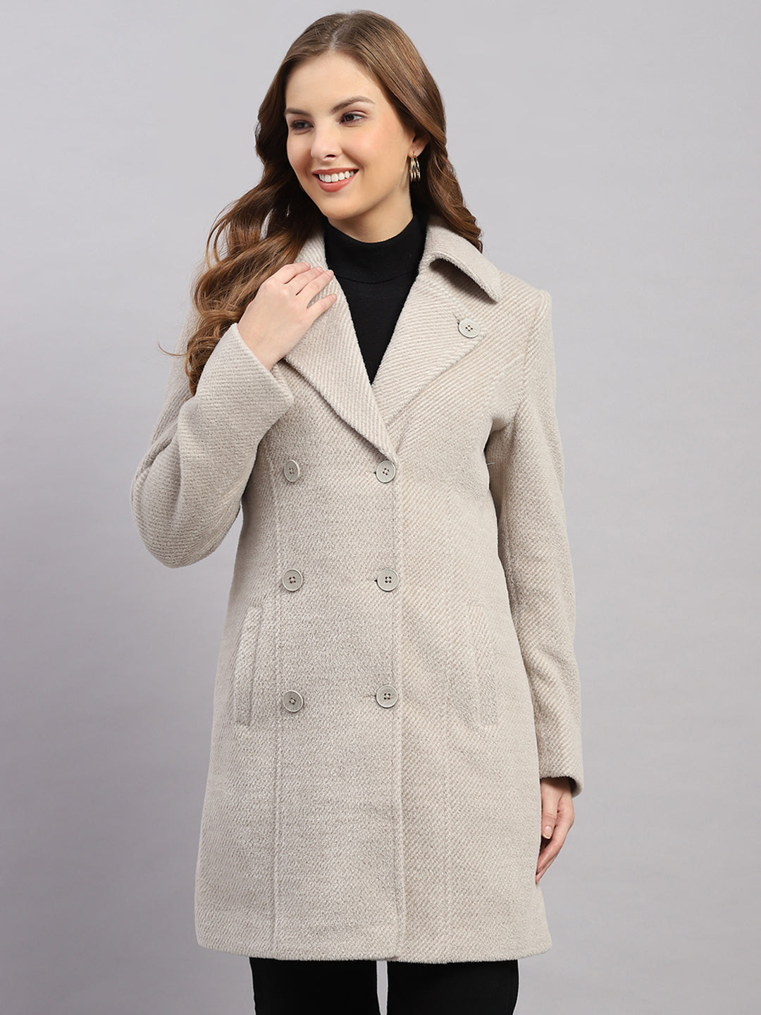 Women Beige Solid Collar Full Sleeve Coat