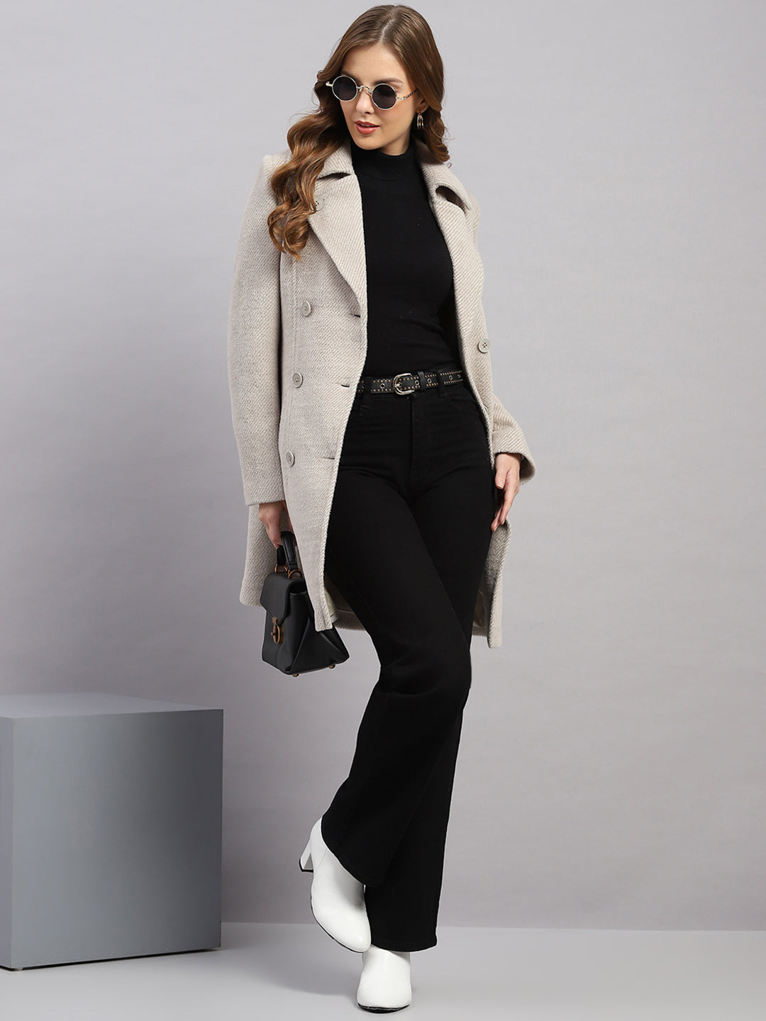 Women Beige Solid Collar Full Sleeve Coat
