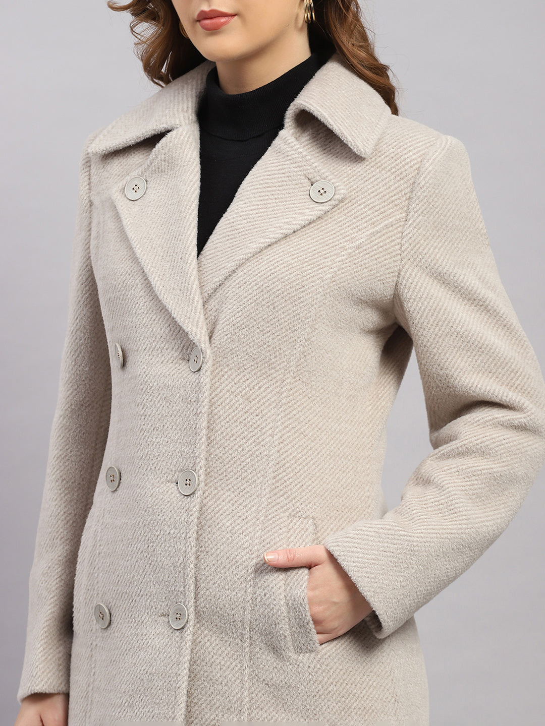 Women Beige Solid Collar Full Sleeve Coat