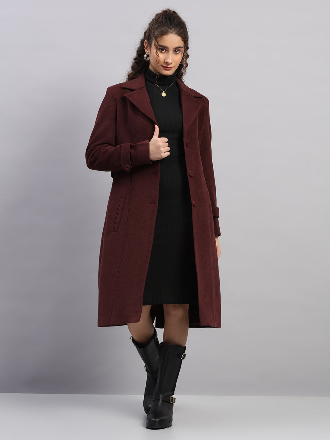 Women Maroon Solid Collar Full Sleeve Coat
