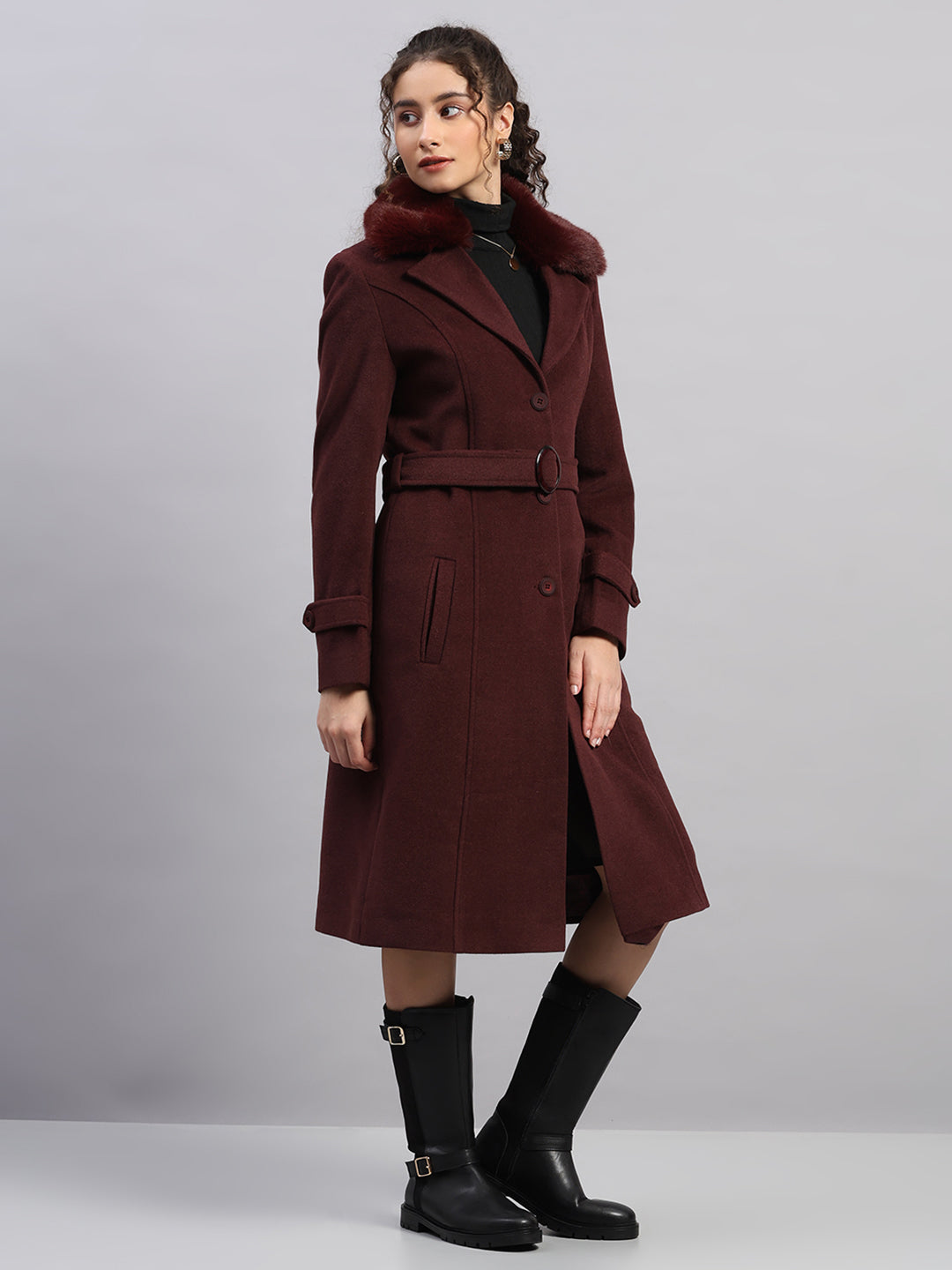 Women Maroon Solid Collar Full Sleeve Coat