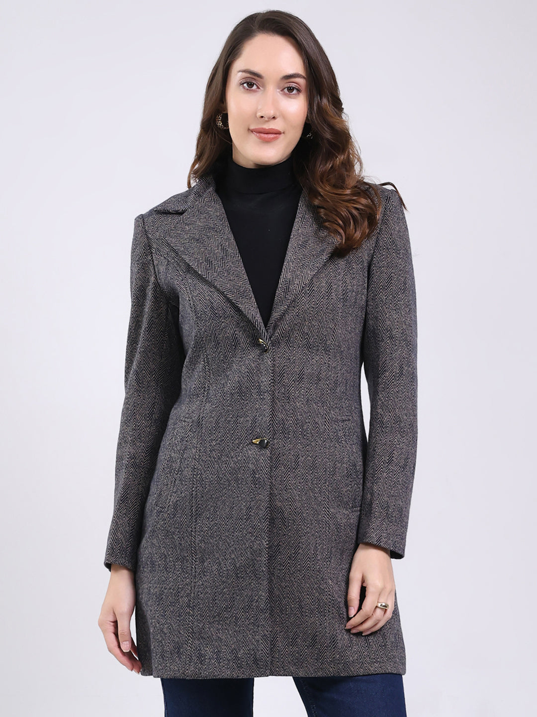 Women Black Self Design Notch Lapel Collar Full Sleeve Coat