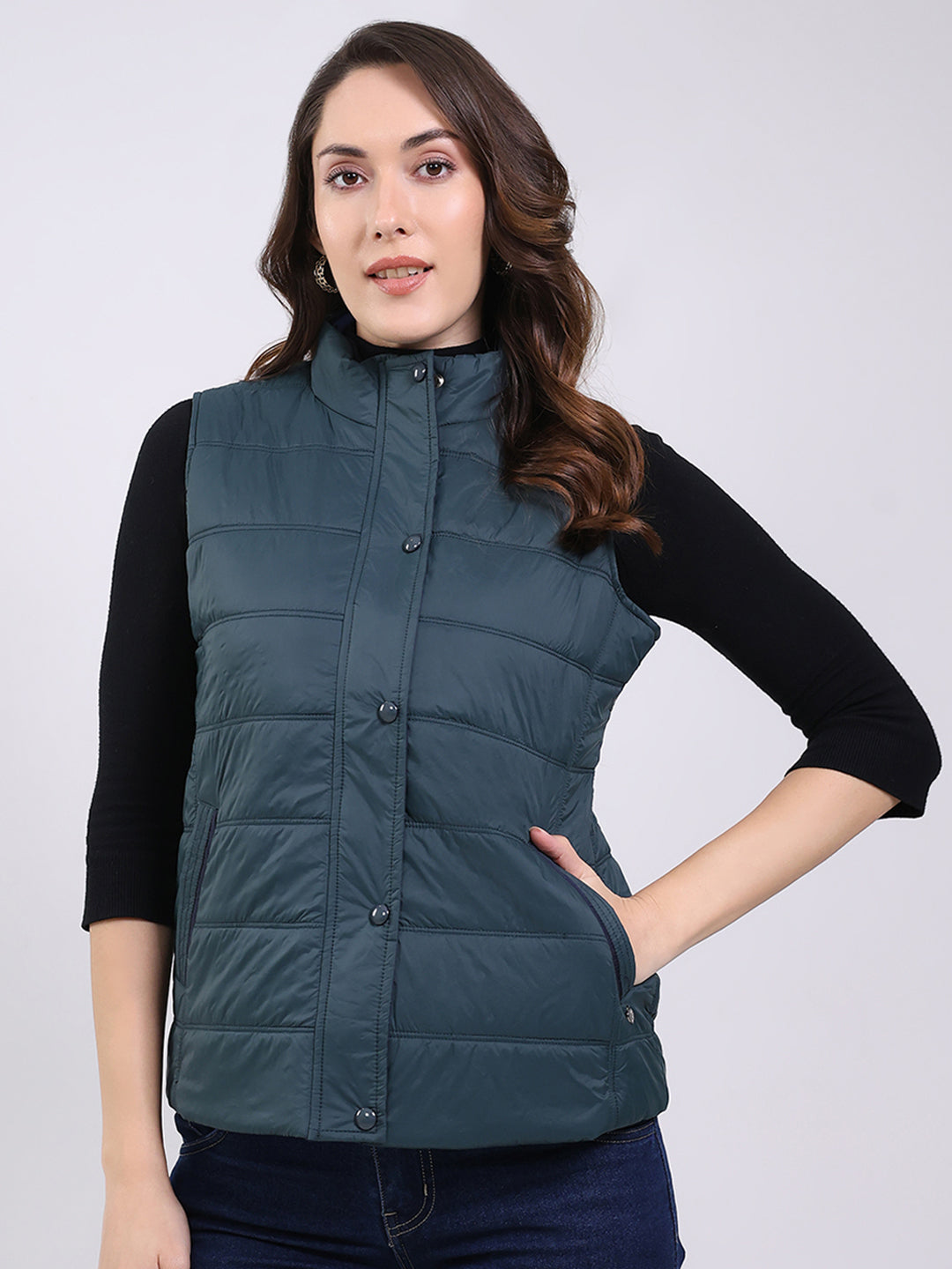 Women Teal Blue Solid Mock Neck Sleeveless Jacket