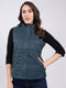 Women Teal Blue Solid Mock Neck Sleeveless Jacket
