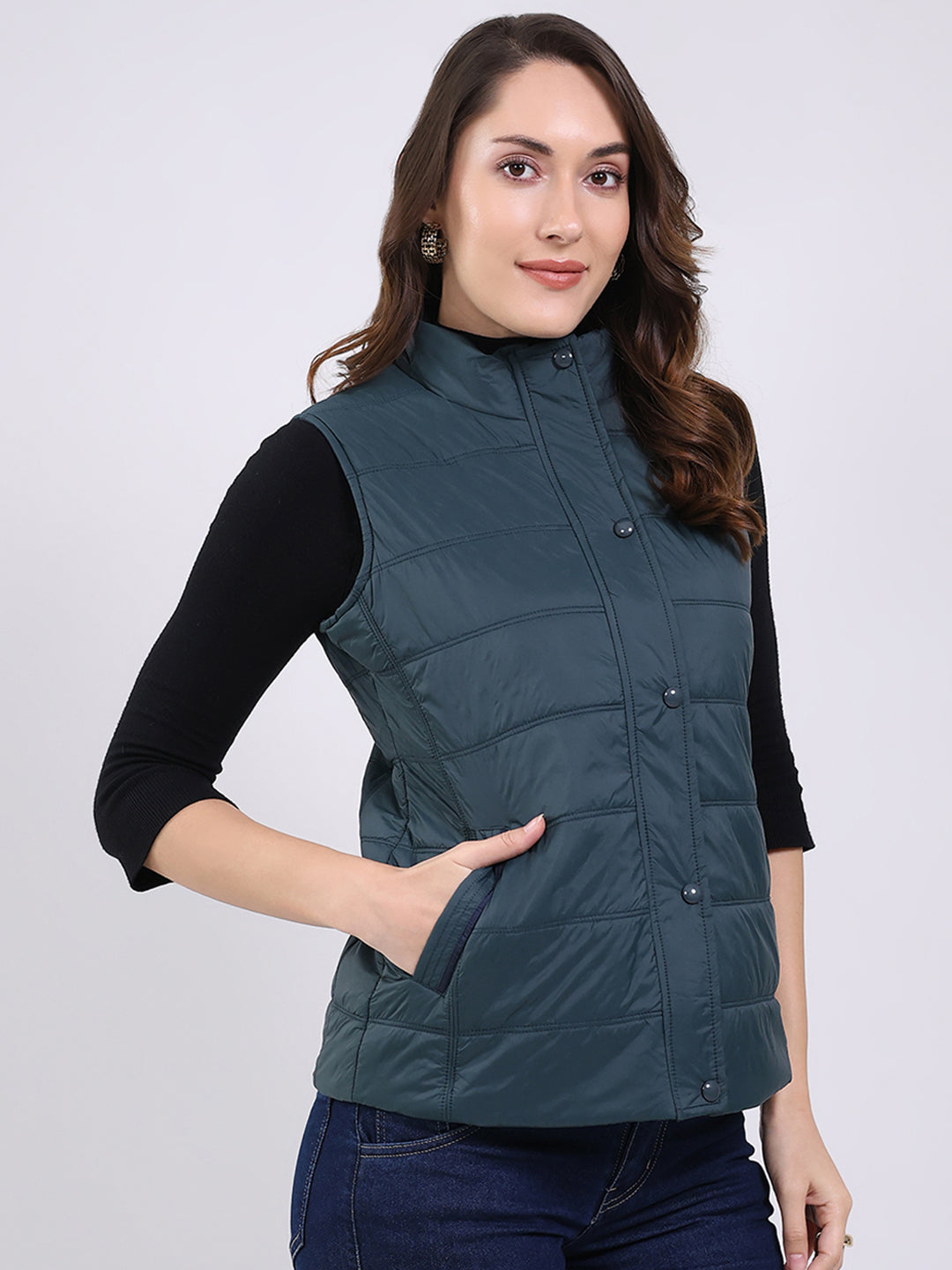 Women Teal Blue Solid Mock Neck Sleeveless Jacket