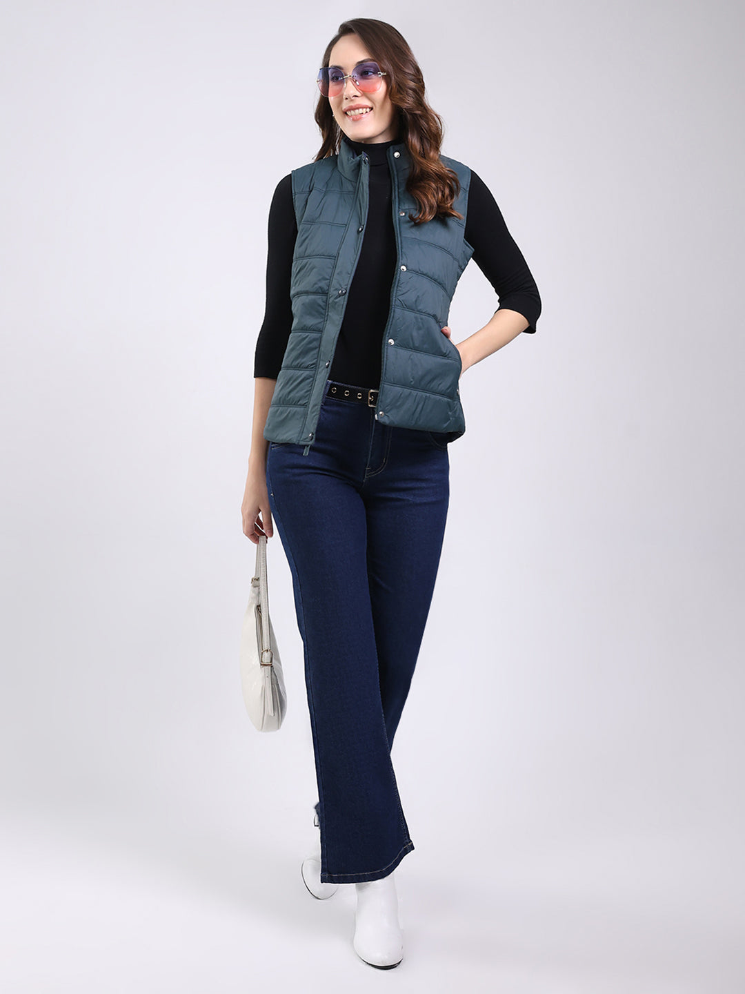 Women Teal Blue Solid Mock Neck Sleeveless Jacket