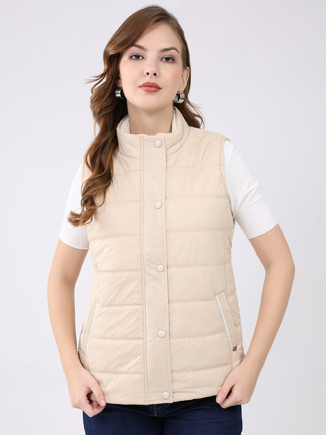 Women Beige Self Design Mock Neck Sleeveless Jacket