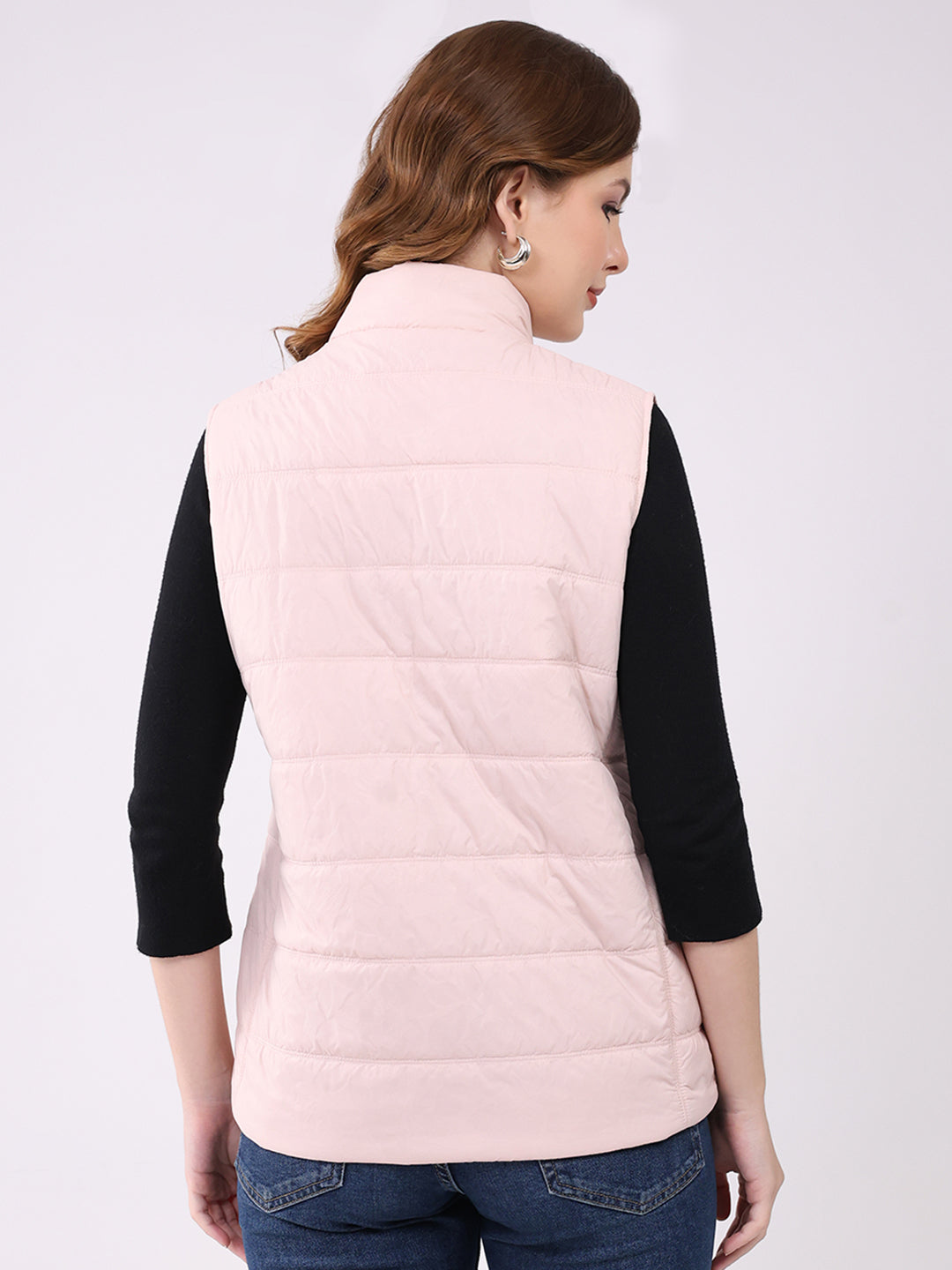Women Pink Self Design Mock Neck Sleeveless Jacket