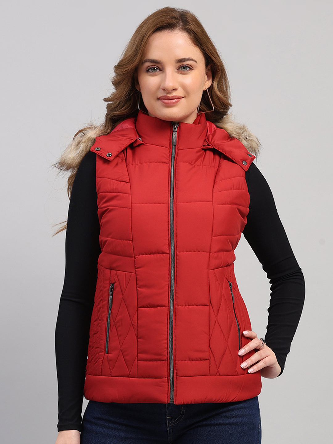 Women Red Solid Hooded Sleeveless Jacket