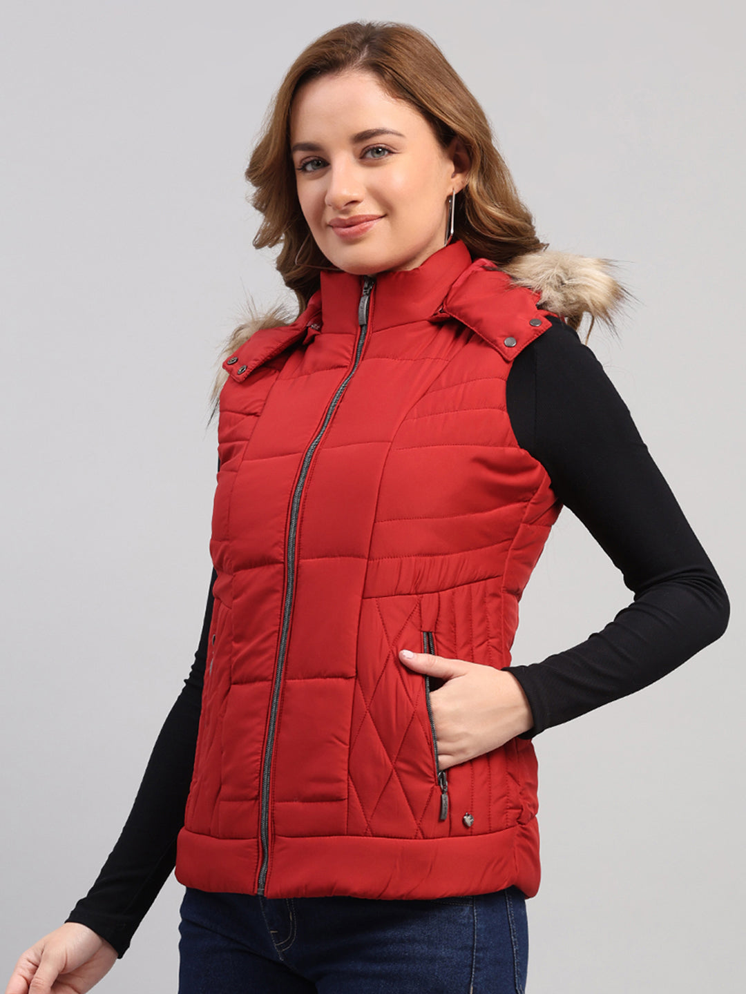 Women Red Solid Hooded Sleeveless Jacket