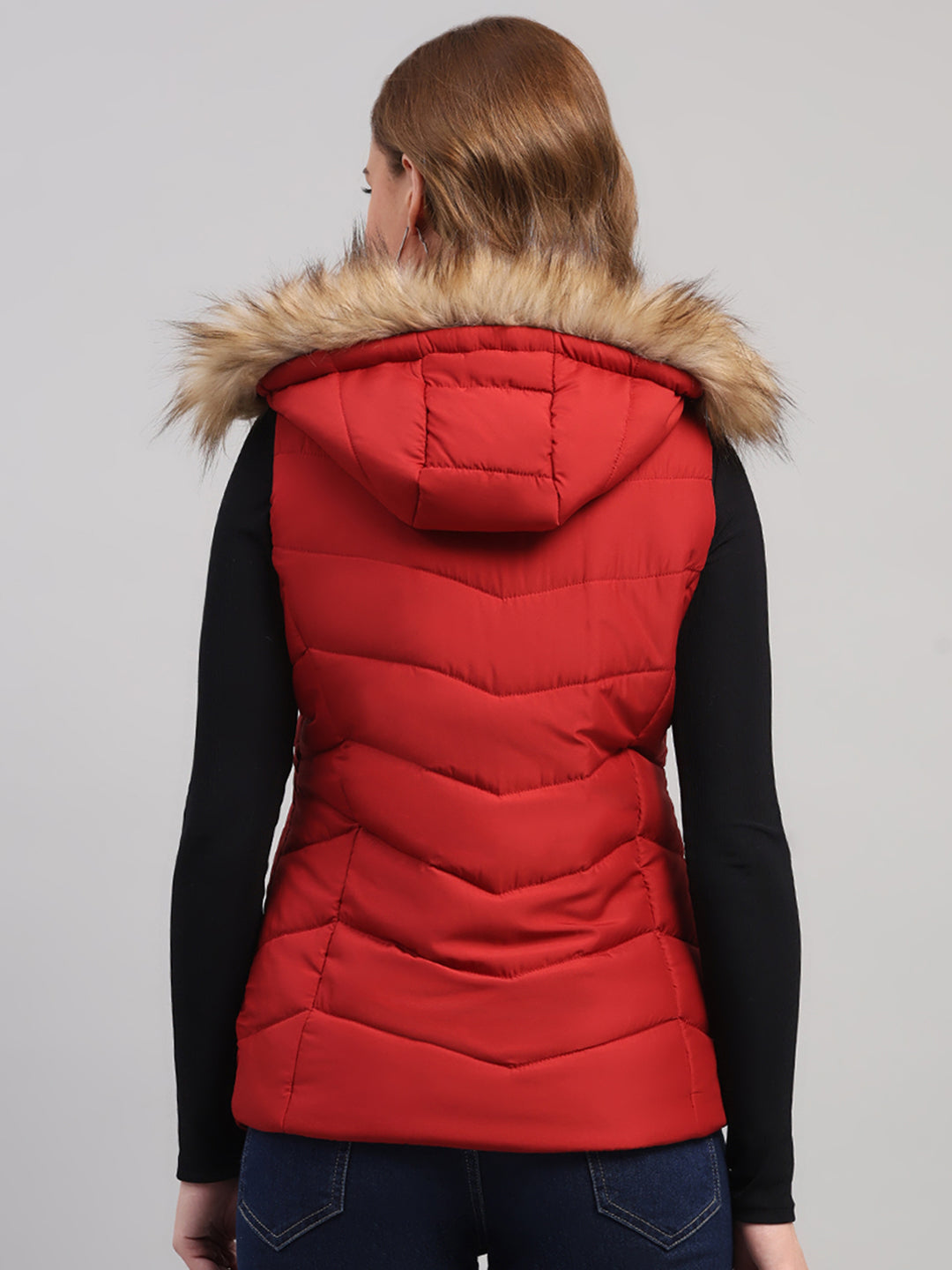 Women Red Solid Hooded Sleeveless Jacket