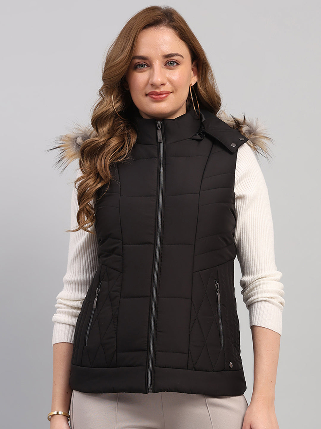 Women Black Solid Hooded Sleeveless Jacket