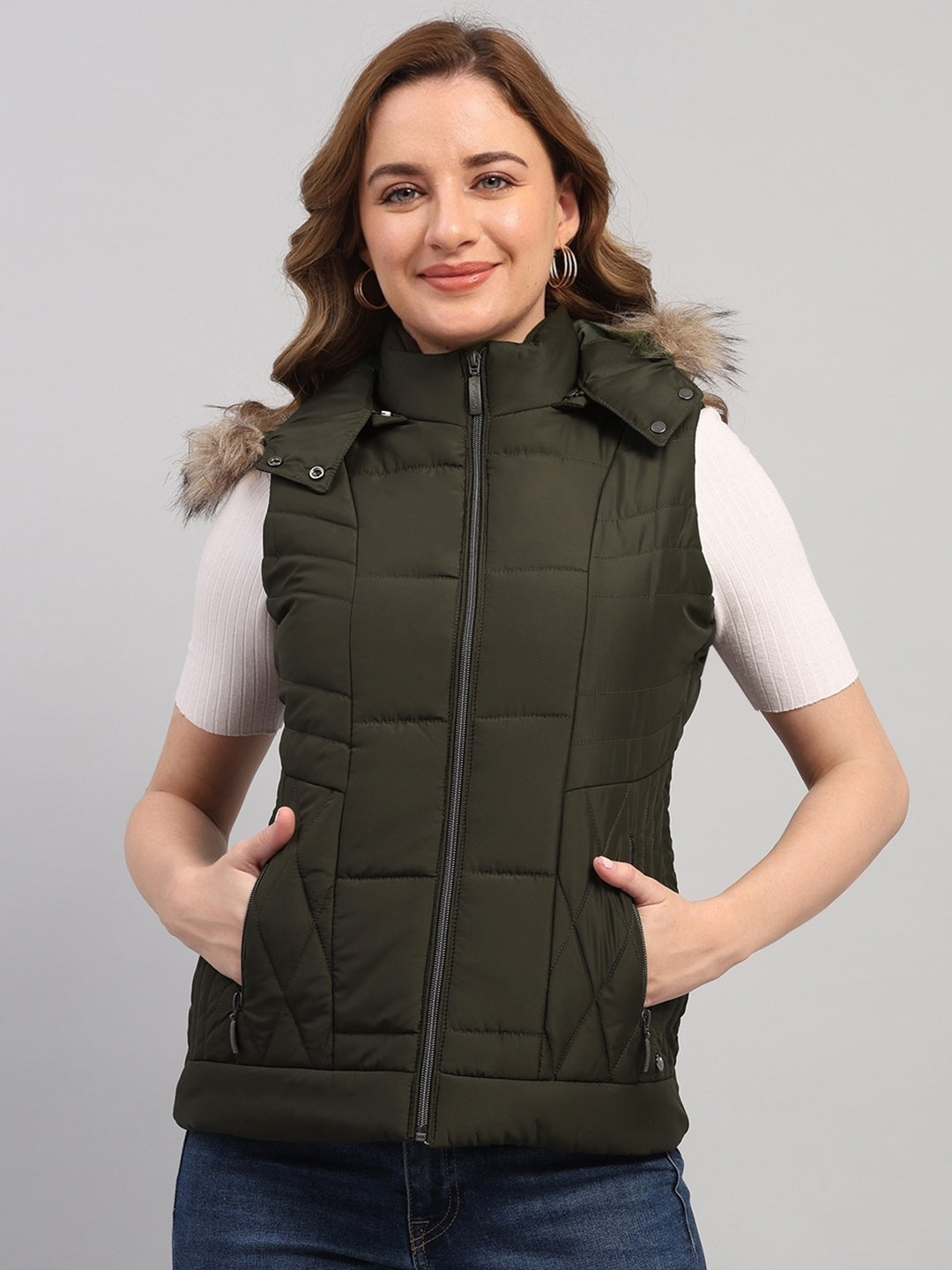 Women Olive Solid Hooded Sleeveless Jacket