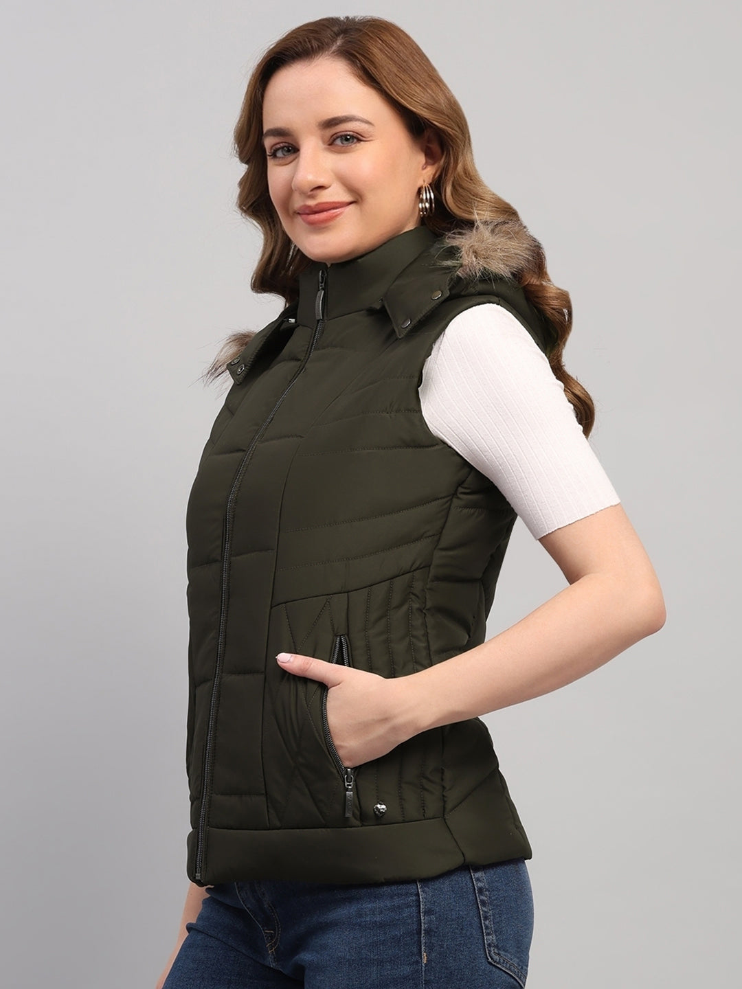 Women Olive Solid Hooded Sleeveless Jacket