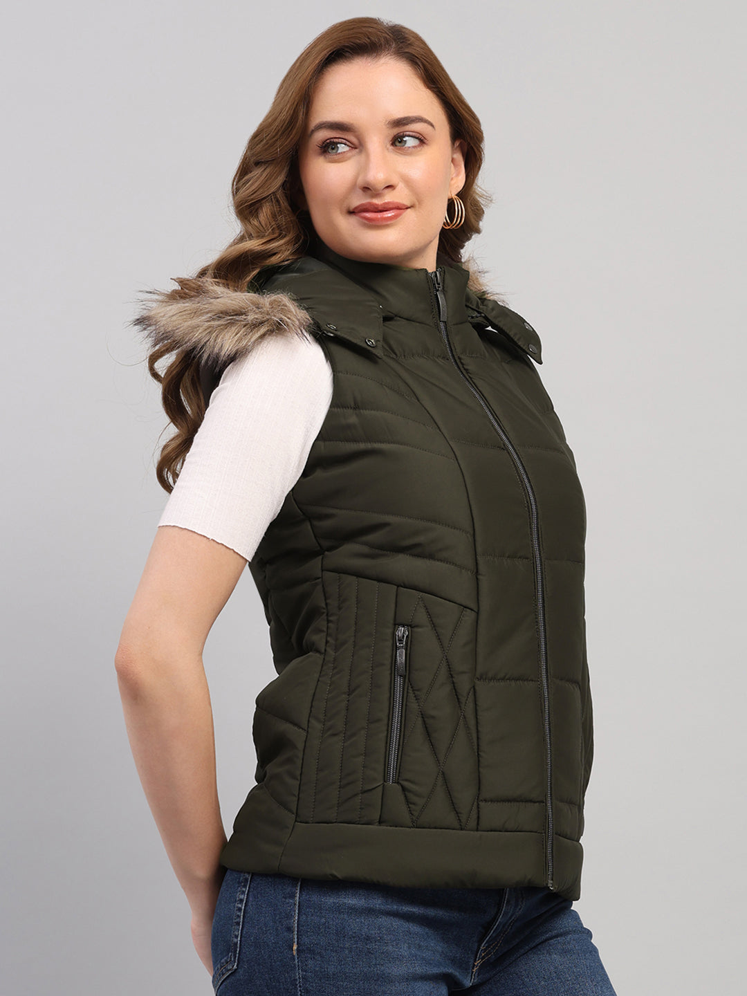 Women Olive Solid Hooded Sleeveless Jacket