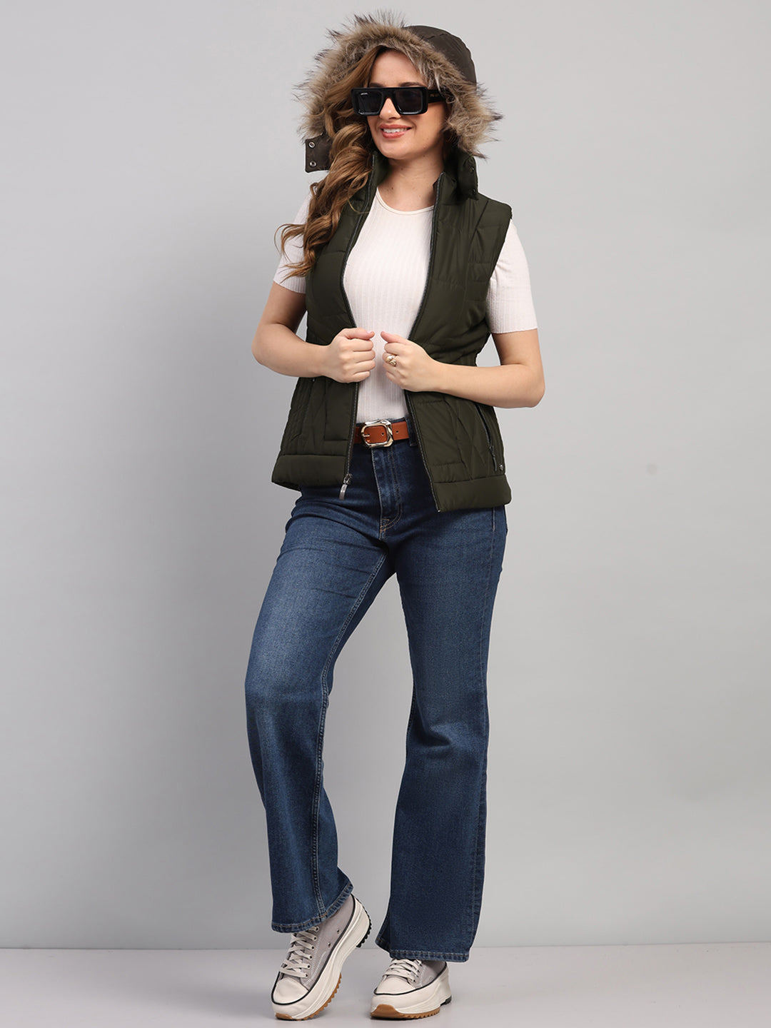 Women Olive Solid Hooded Sleeveless Jacket