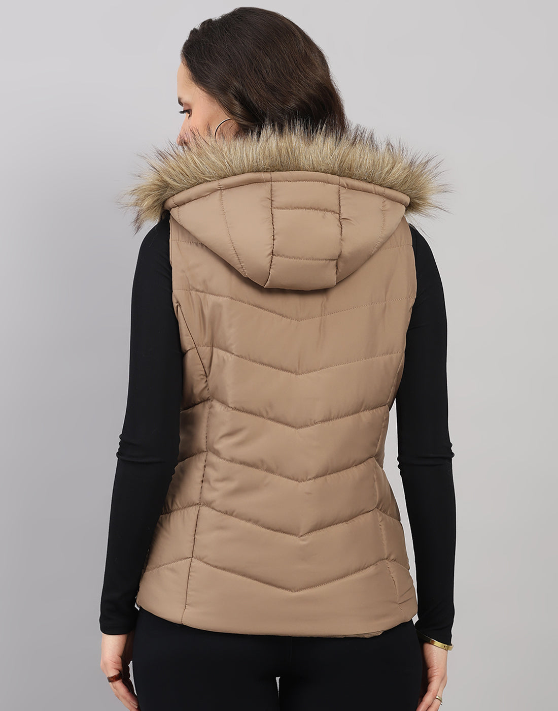 Women Khaki Solid Hooded Sleeveless Jacket