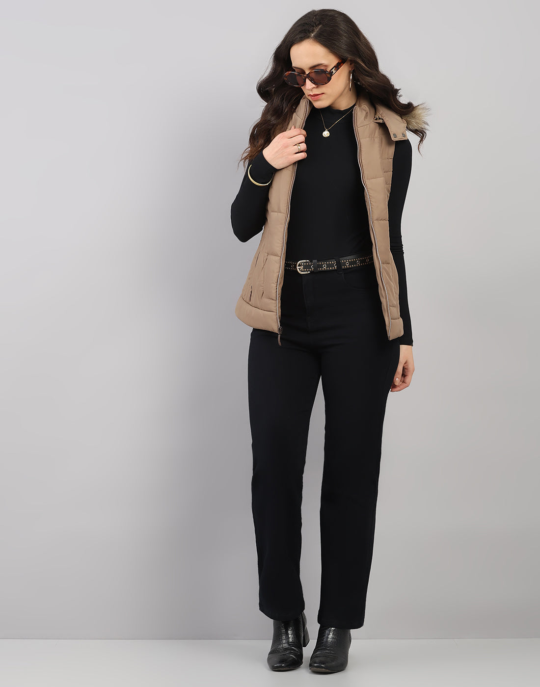 Women Khaki Solid Hooded Sleeveless Jacket