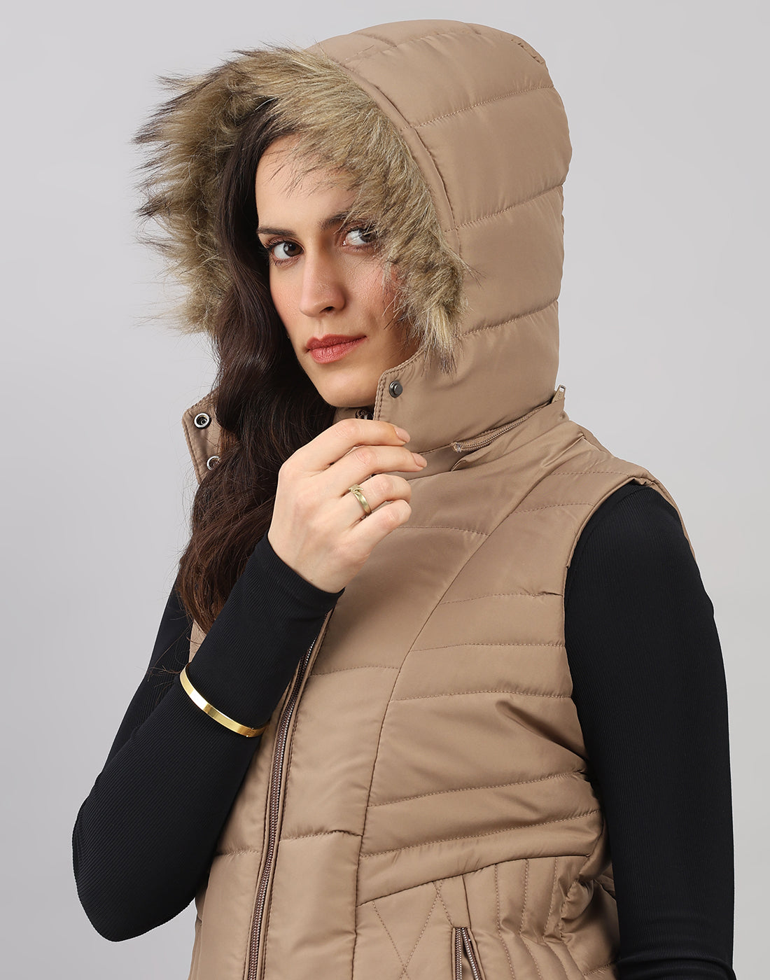Women Khaki Solid Hooded Sleeveless Jacket