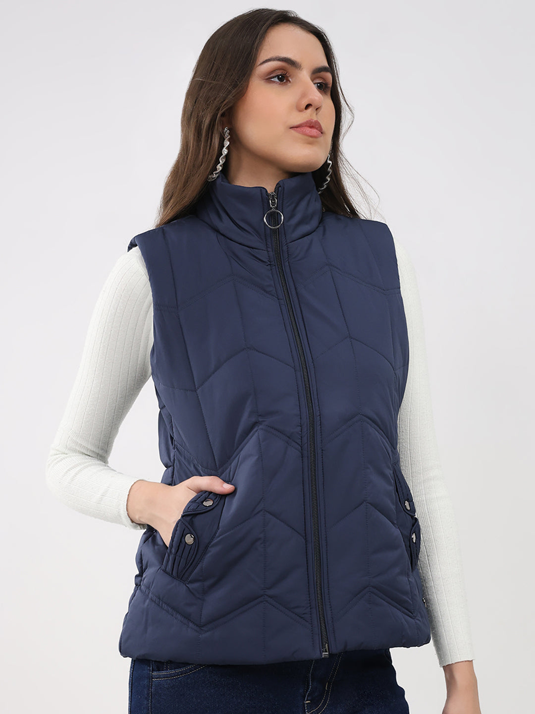 Women Navy Blue Solid Collar Sleeveless Jacket