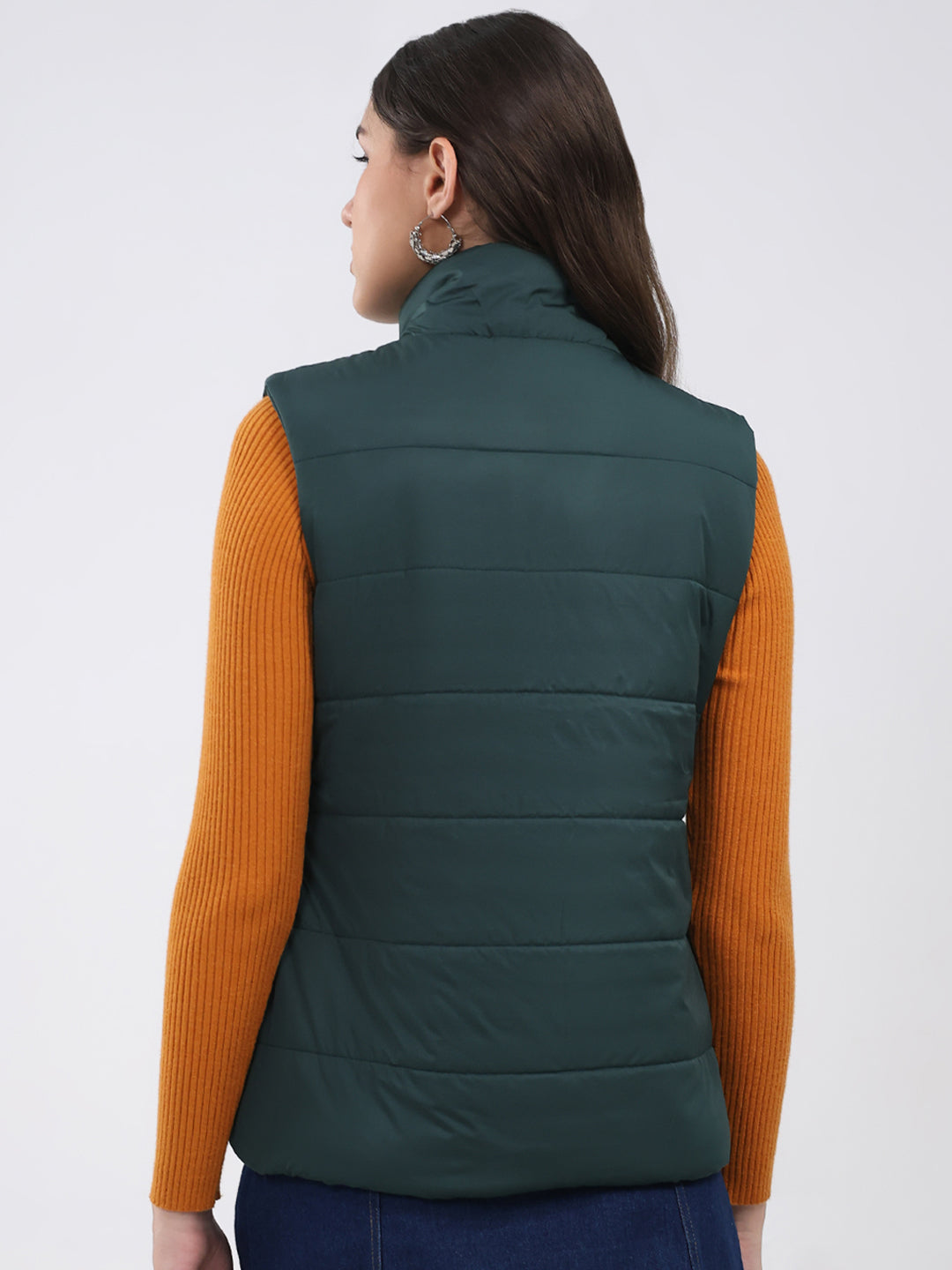 Women Green Solid Collar Sleeveless Jacket