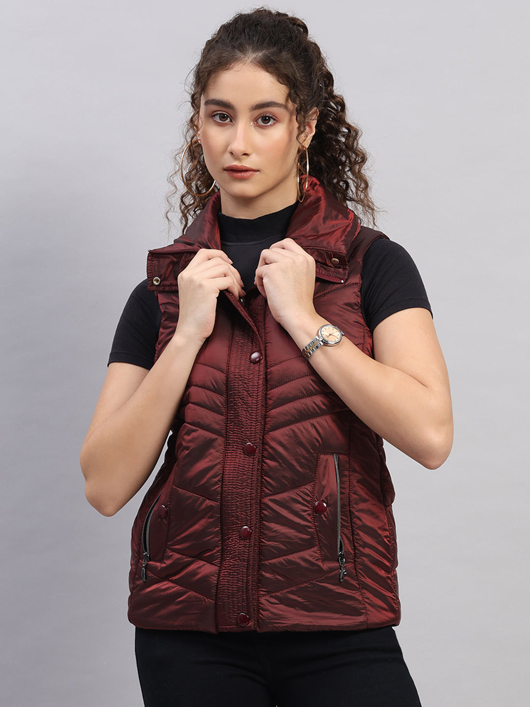 Women Maroon Self Design Collar Sleeveless Jacket