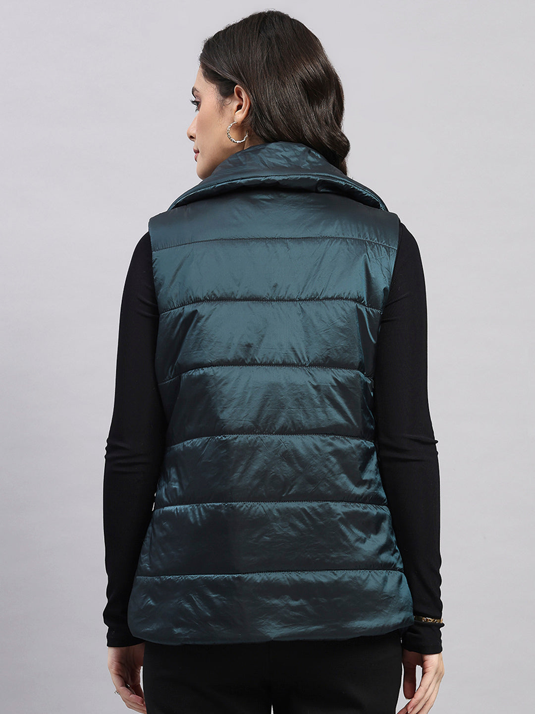Women Teal Blue Self Design Collar Sleeveless Jacket