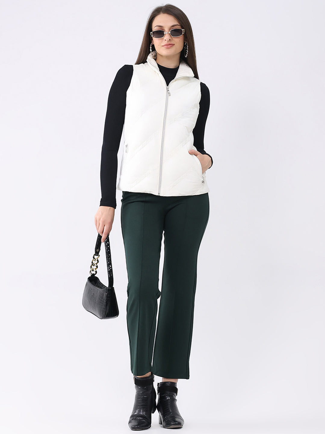 Women Off White Solid Collar Sleeveless Jacket