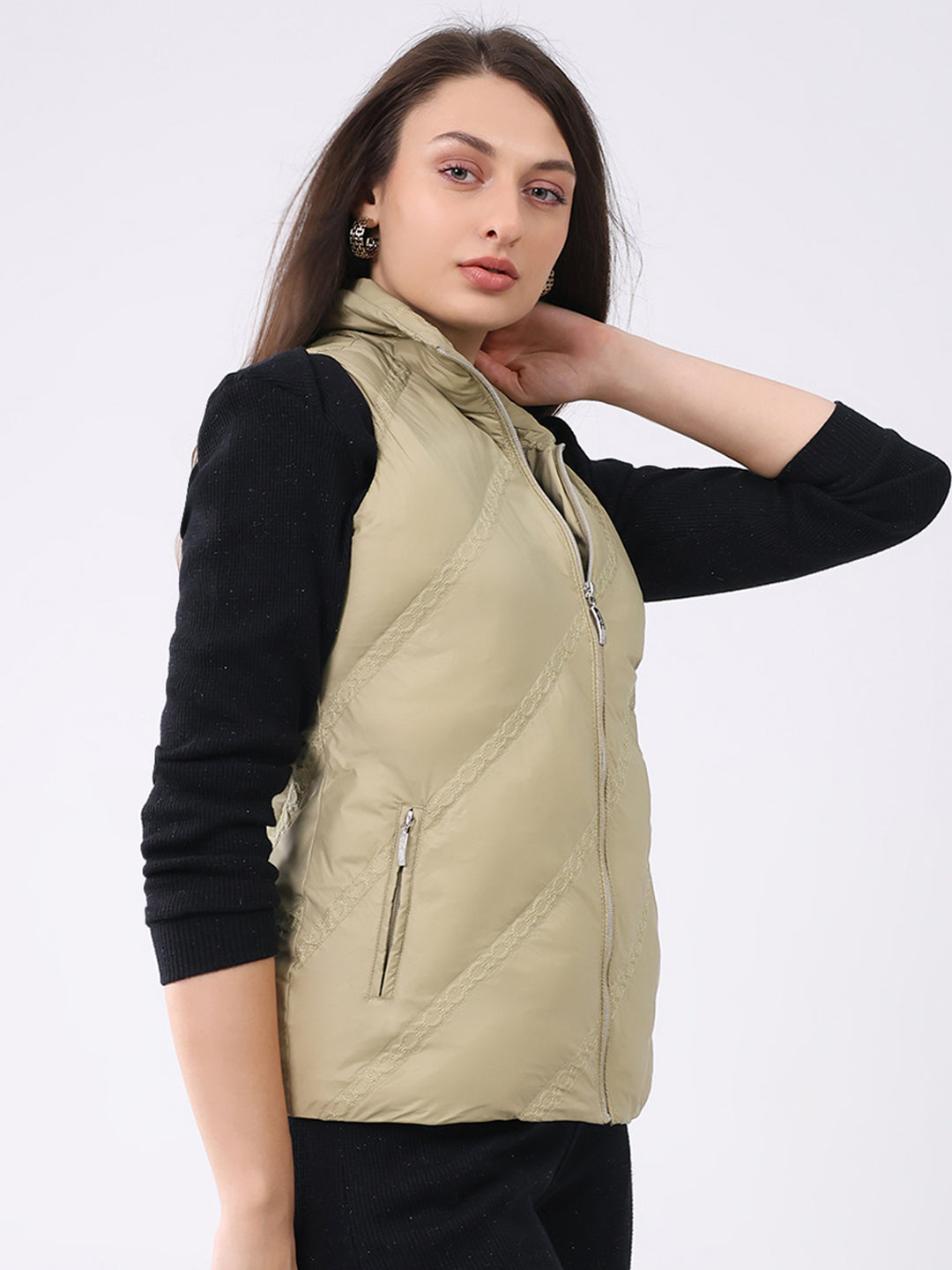 Women Khaki Solid Collar Sleeveless Jacket