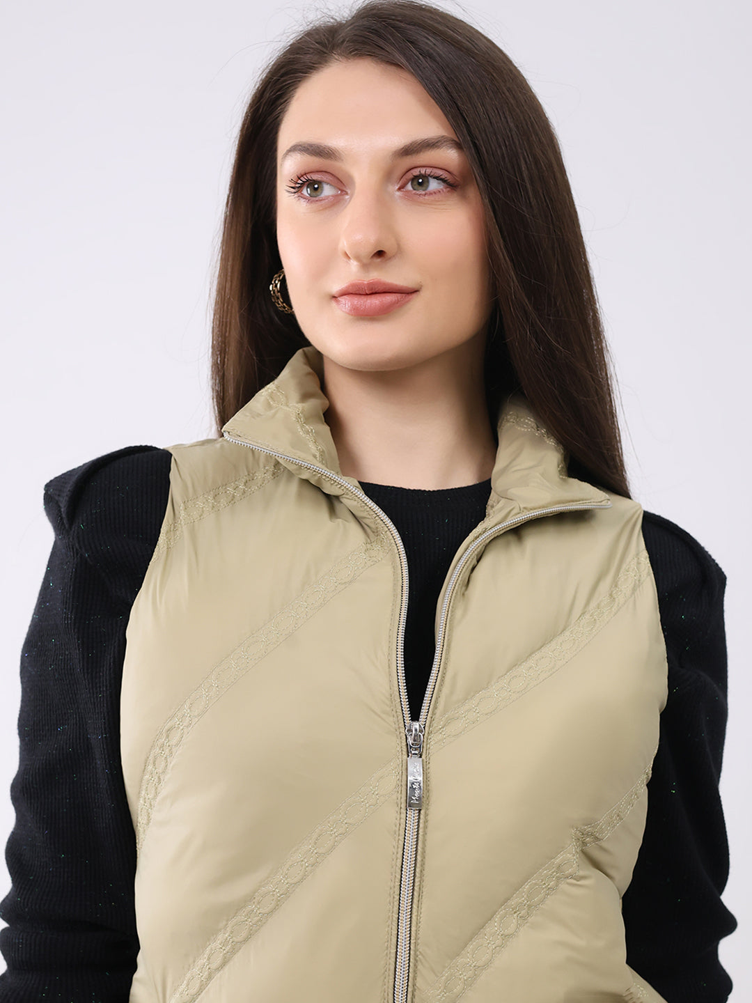 Women Khaki Solid Collar Sleeveless Jacket