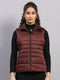 Women Burgundy Solid Collar Sleeveless Jacket