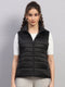 Women Black Solid Collar Sleeveless Jacket