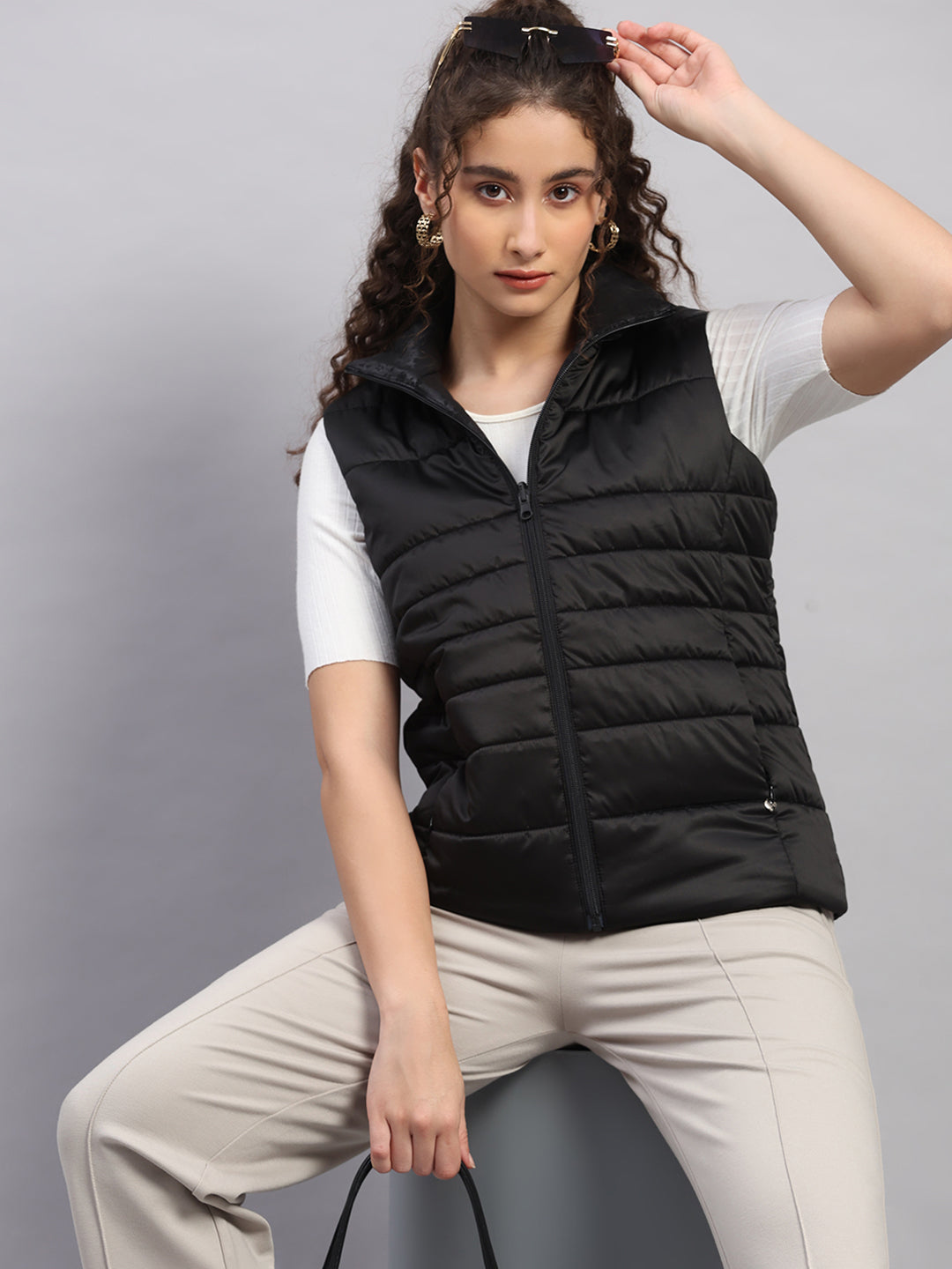 Women Black Solid Collar Sleeveless Jacket