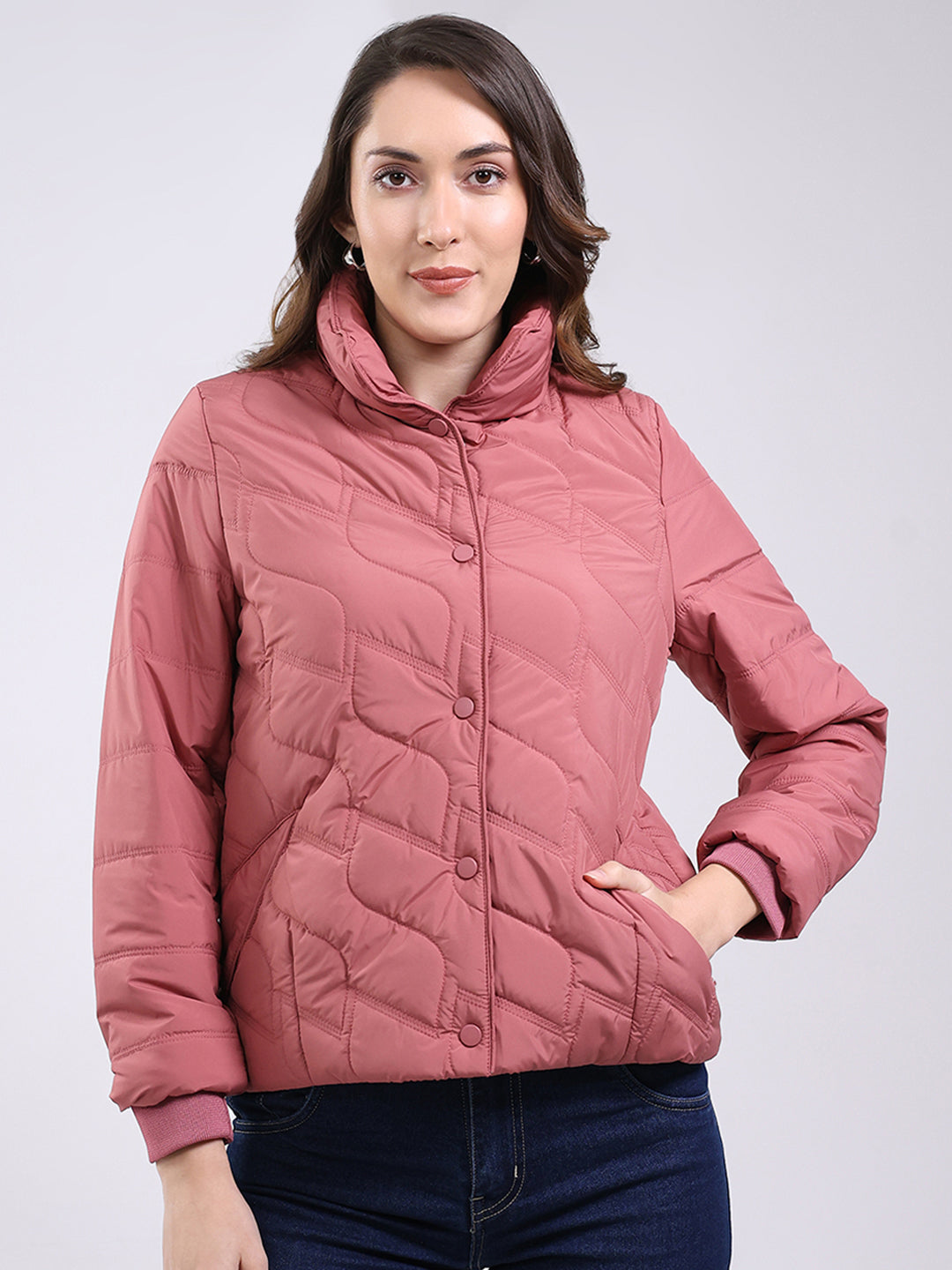Women Pink Solid Mock Neck Full Sleeve Jacket