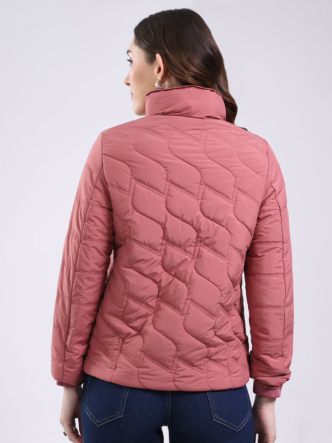 Women Pink Solid Mock Neck Full Sleeve Jacket