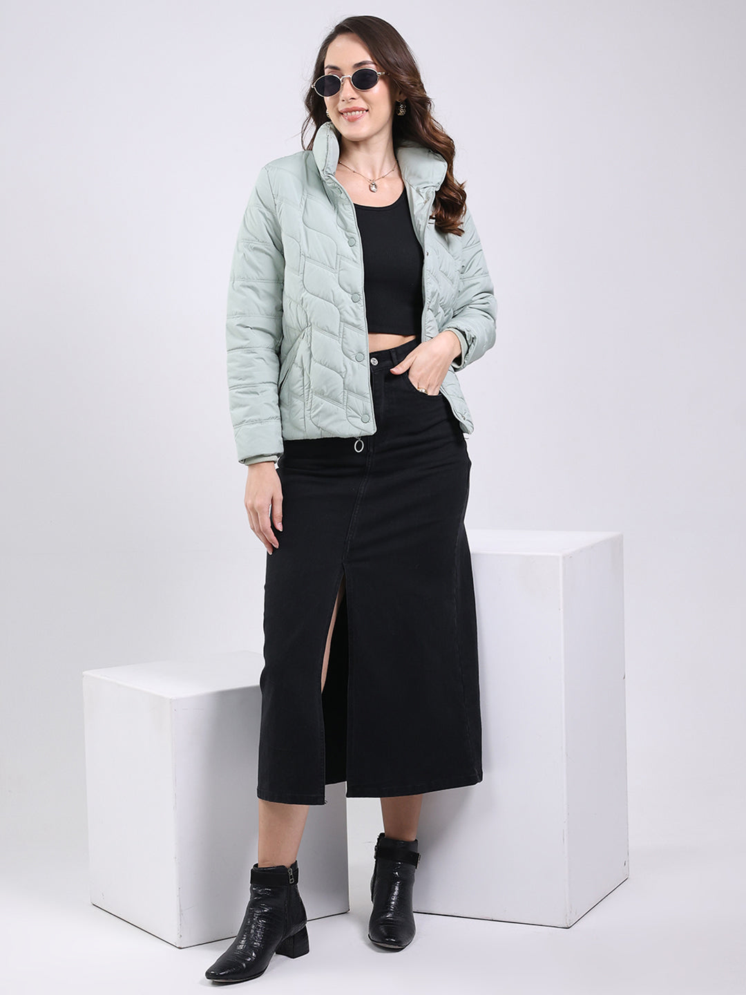 Women Mint Green Solid Mock Neck Full Sleeve Jacket