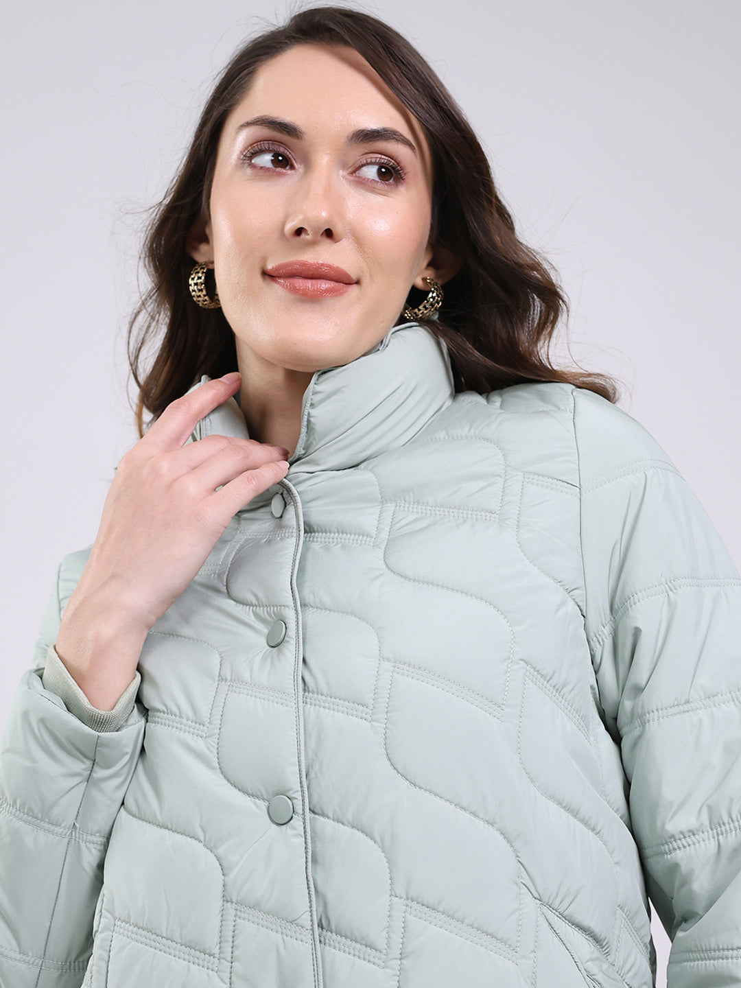 Women Mint Green Solid Mock Neck Full Sleeve Jacket