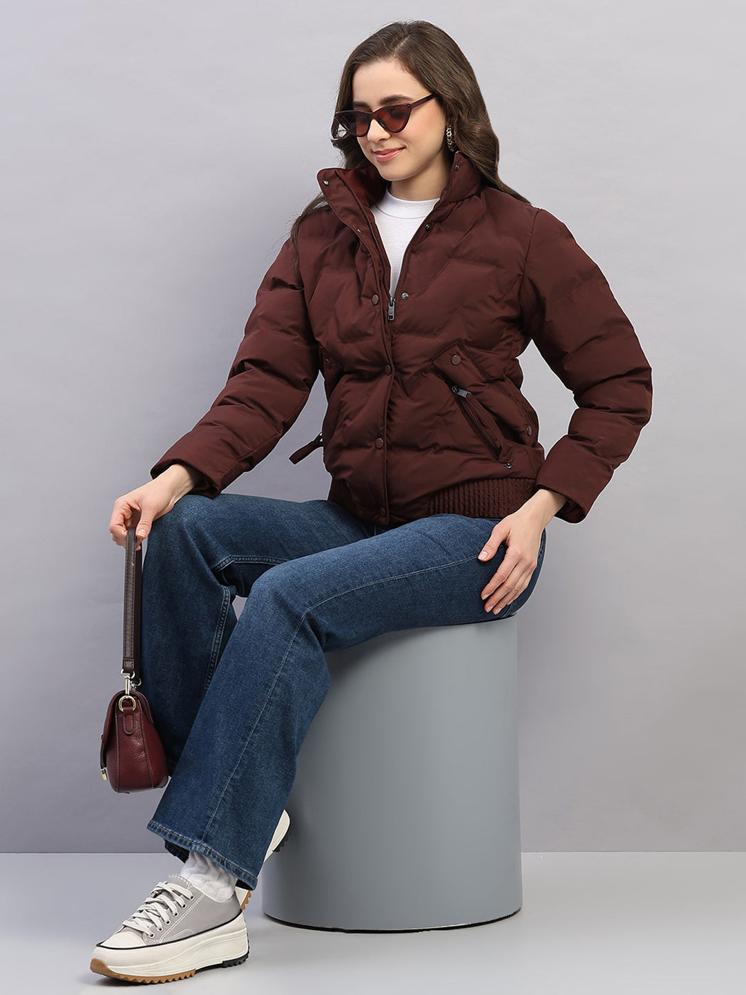 Women Rust Solid Collar Full Sleeve Jacket