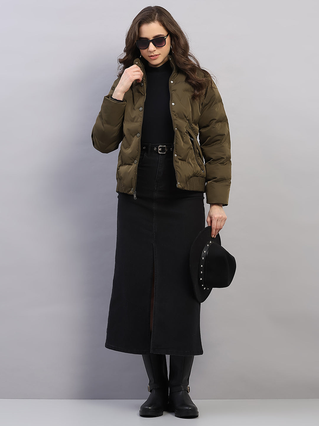Women Olive Solid Collar Full Sleeve Jacket