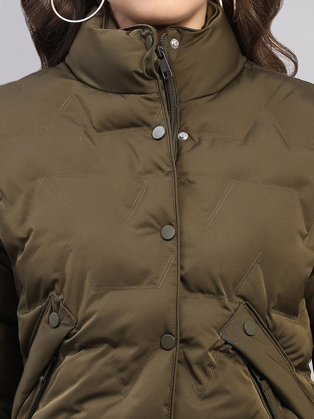 Women Olive Solid Collar Full Sleeve Jacket