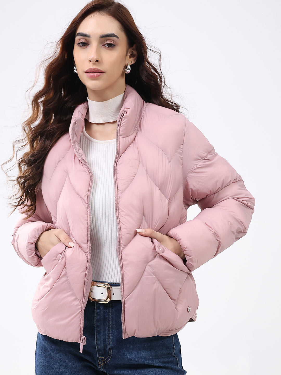 Women Pink Solid Mock Neck Full Sleeve Jacket