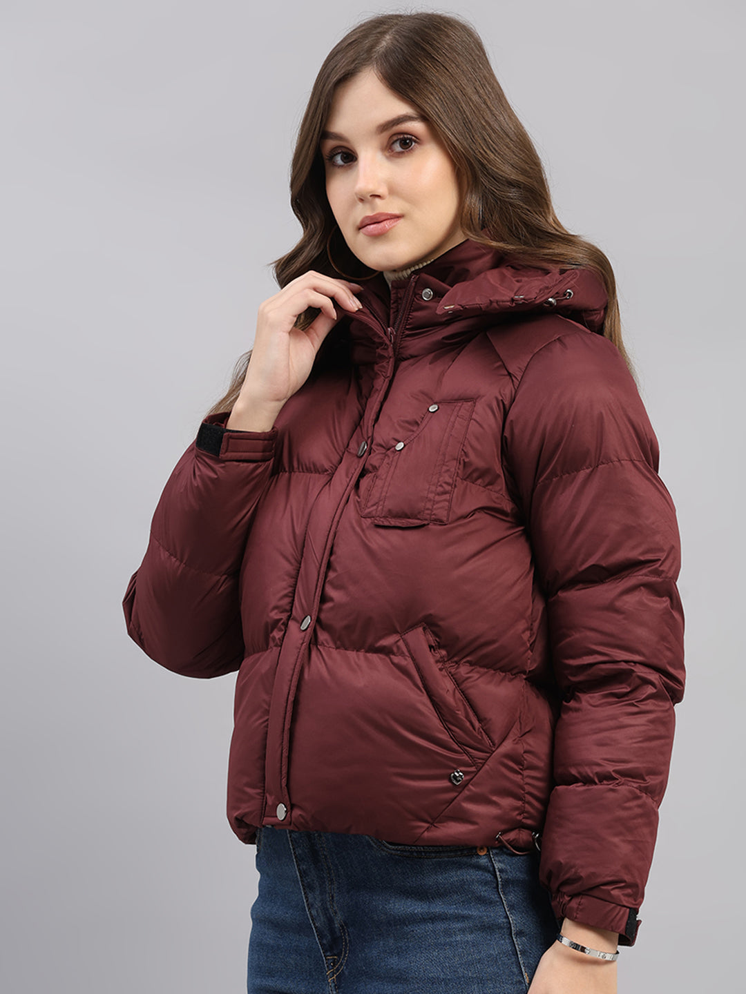 Women Burgundy Solid Hooded Full Sleeve Jacket