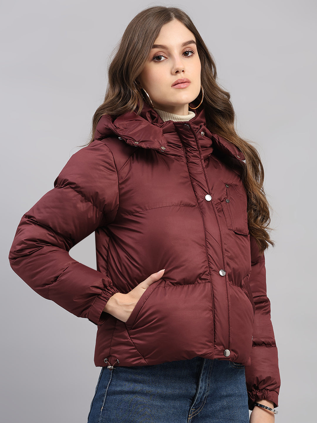 Women Burgundy Solid Hooded Full Sleeve Jacket