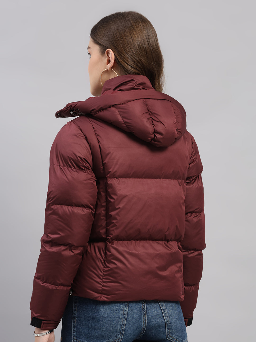 Women Burgundy Solid Hooded Full Sleeve Jacket