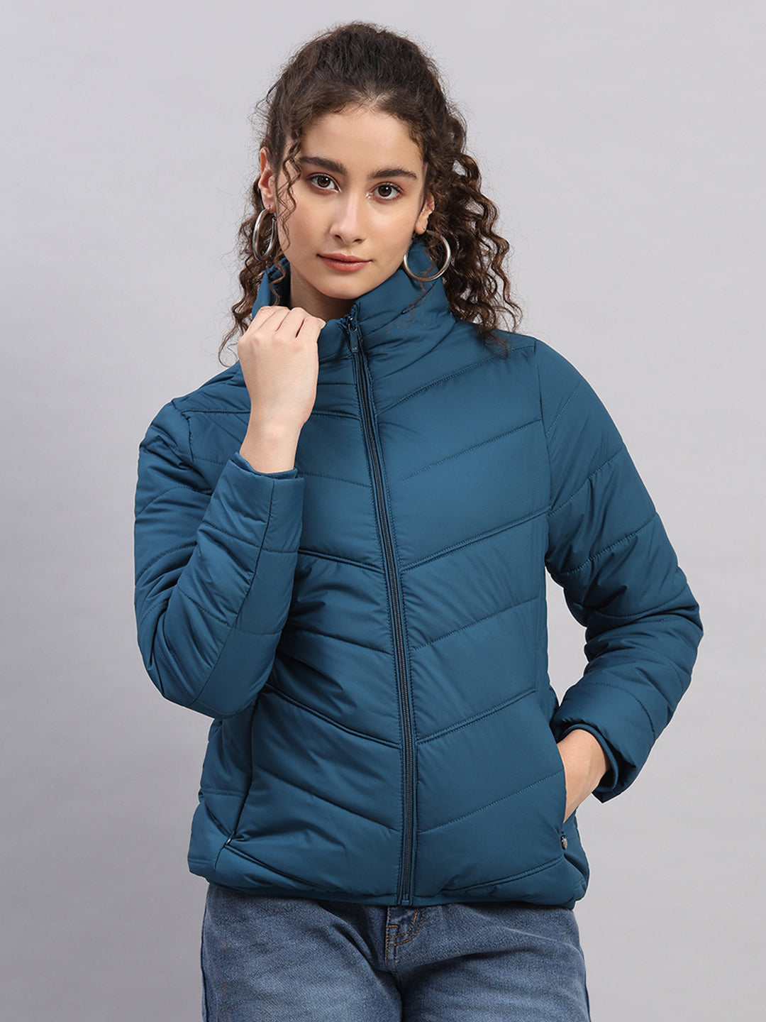 Women Teal Blue Self Design Collar Full Sleeve Jacket