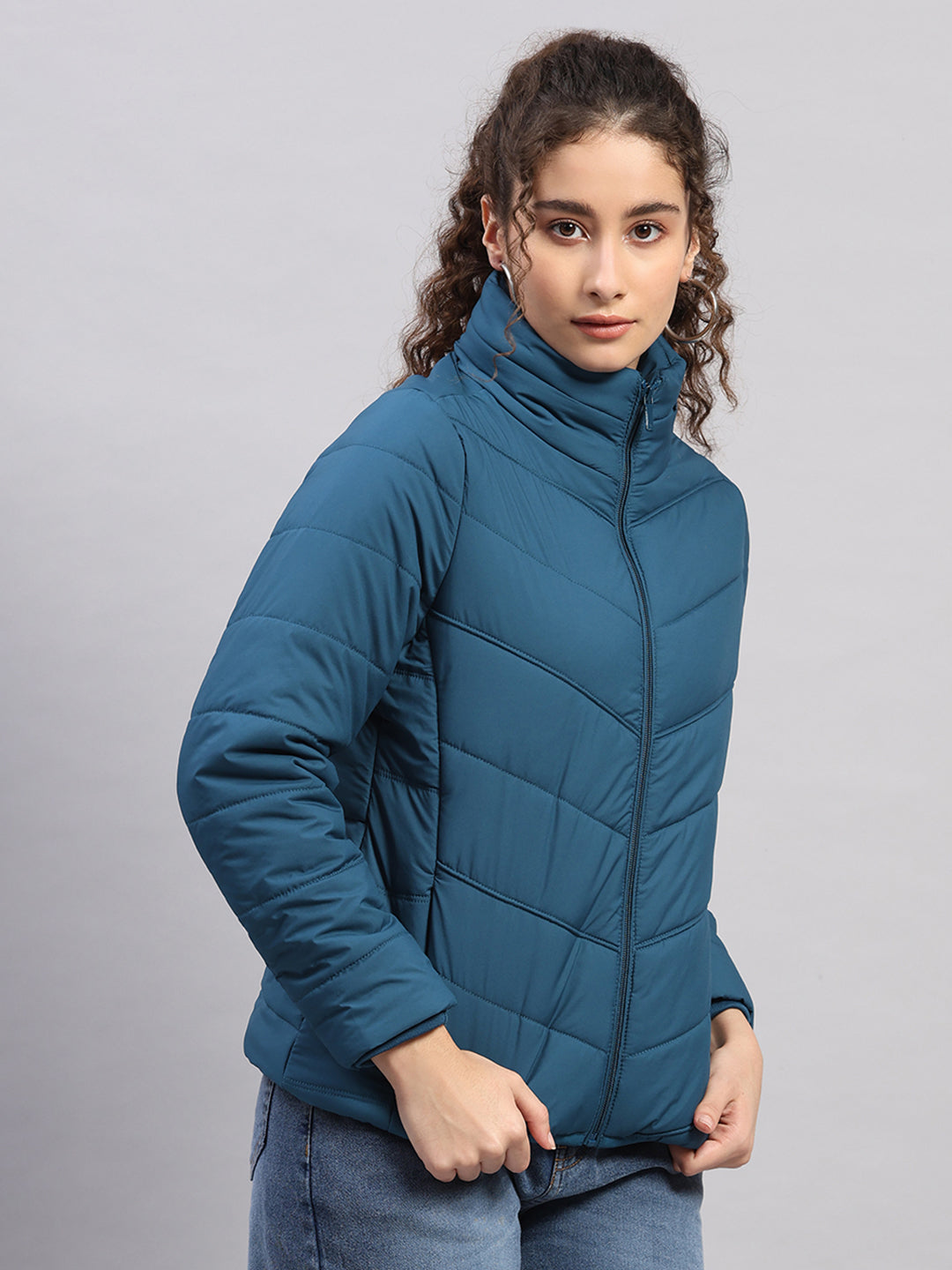 Women Teal Blue Self Design Collar Full Sleeve Jacket